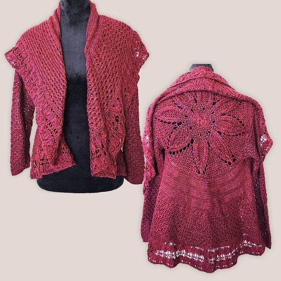JOHN PAUL RICHARD Crochet Knit Cardigan Sweater in Pink Purple Flower Design - Picture 1 of 5